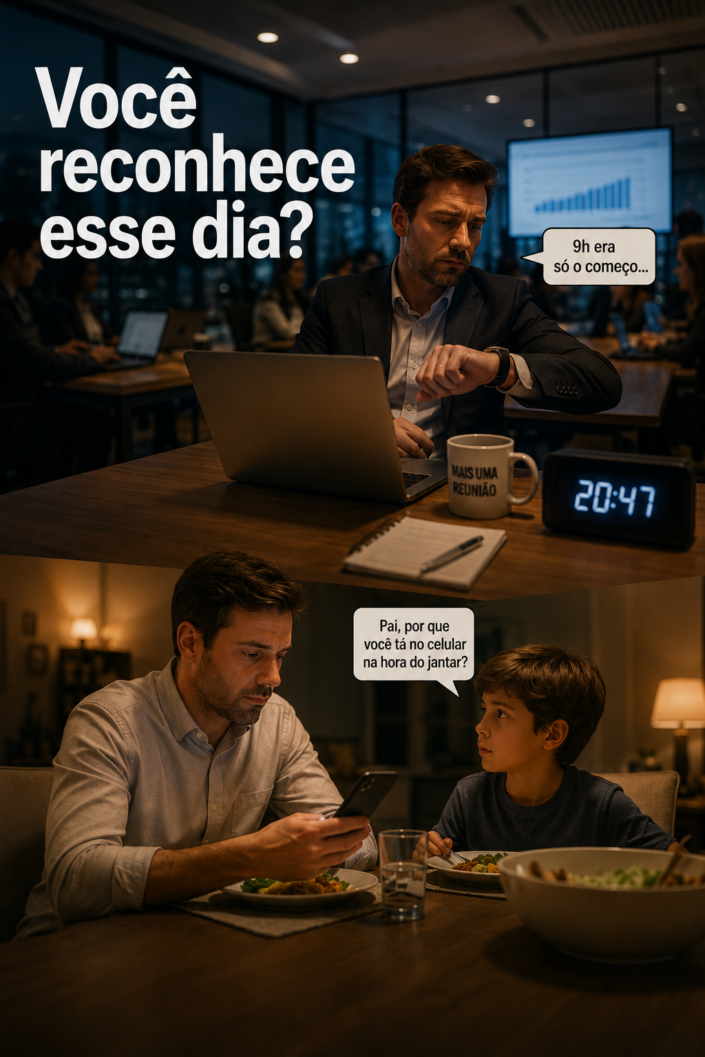 Pai em reunião às 20h47 e depois no celular durante o jantar, com o filho perguntando por que ele está no celular